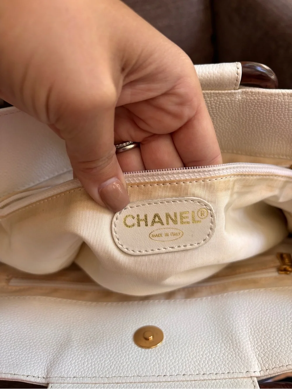 Authentic CHANEL white caviar leather wooden handles satchel bag